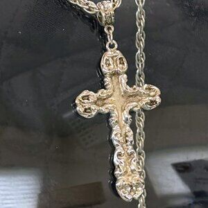 Vintage Signed 1928 Silver Tone Cross Pendant on Weave Chain Necklace 32"